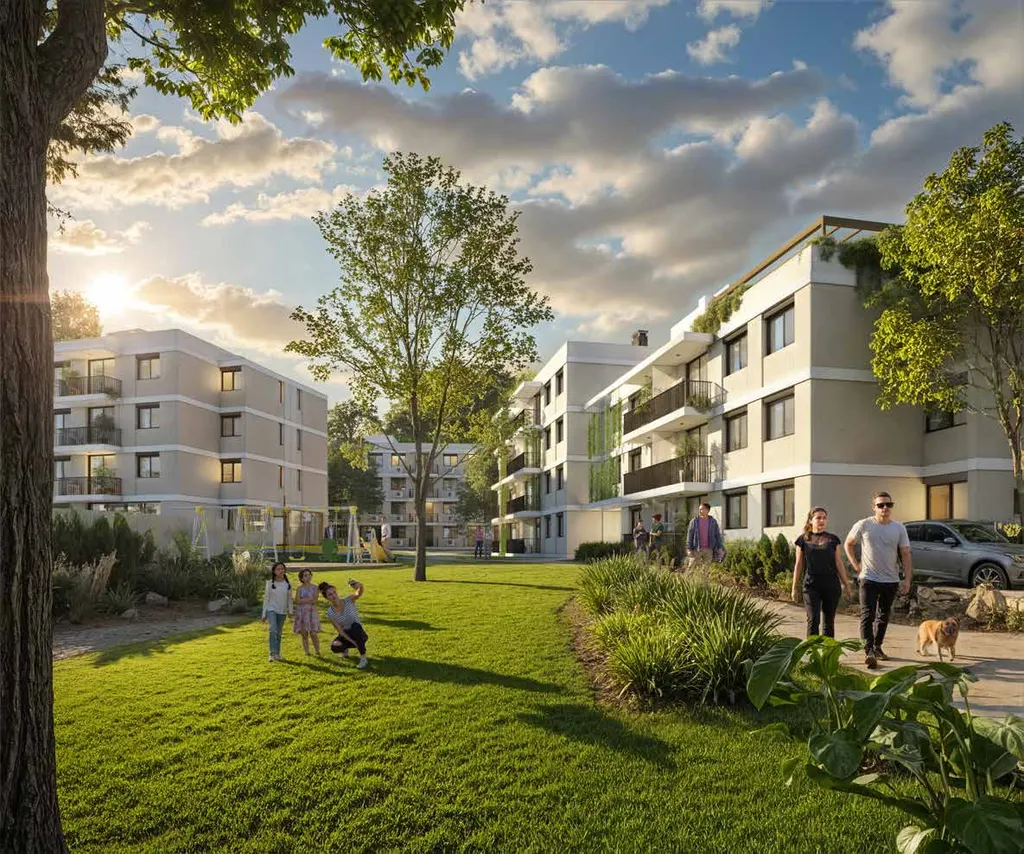 El jardín central al atardecer, con familias caminando entre los edificios